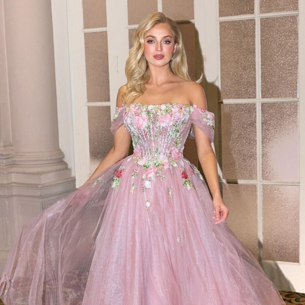 New Off Shoulder Evening Tulle Gown w/ Floral Applique & Layered Skirt CD A1479